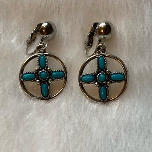 Vintage Signed Sancrest Silver and Faux Turquoise Clip On Earrings